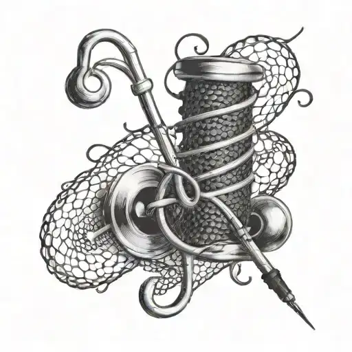 A crocheting needle intertwined with musical notes and a stethoscope, symbolizing the client's love for music and medical profession tattoo design idea