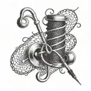 A crocheting needle intertwined with musical notes and a stethoscope, symbolizing the client's love for music and medical profession tattoo design idea