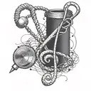 A crocheting needle intertwined with musical notes and a stethoscope, symbolizing the client's love for music and medical profession tattoo design idea