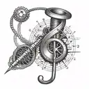 A crocheting needle intertwined with musical notes and a stethoscope, symbolizing the client's love for music and medical profession tattoo design idea