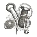 A crocheting needle intertwined with musical notes and a stethoscope, symbolizing the client's love for music and medical profession tattoo design idea