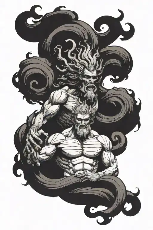 a menacing depiction of Hades, Greek god of the underworld, seated on his tattoo design idea