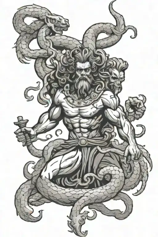 a menacing depiction of Hades, Greek god of the underworld and a hydra with smoke and traditional greek style gap filler tattoo design idea