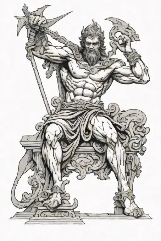 a menacing depiction of Hades, Greek god of the underworld, seated on his tattoo design idea