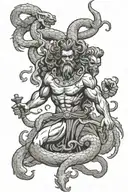 a menacing depiction of Hades, Greek god of the underworld and a hydra with smoke and traditional greek style gap filler tattoo design idea