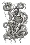 a menacing depiction of Hades, Greek god of the underworld and a hydra with smoke and traditional greek style gap filler tattoo design idea