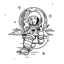 astronaut sitting down in the Moon watching the earth full of building and proud of his travel    tattoo design idea