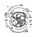 astronaut sitting down in the Moon watching the earth full of building and proud of his travel    tattoo design idea