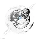 astronaut sitting down in the Moon watching the earth full of building and proud of his travel    tattoo design idea