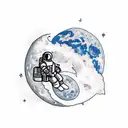 astronaut sitting down in the Moon watching the earth full of building and proud of his travel    tattoo design idea