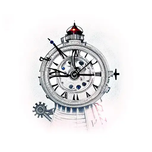 steampunk clock lighthouse tattoo design idea