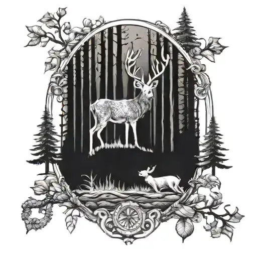 Incorporate Masonic symbols into a forest scene with deer and hogs tattoo design idea
