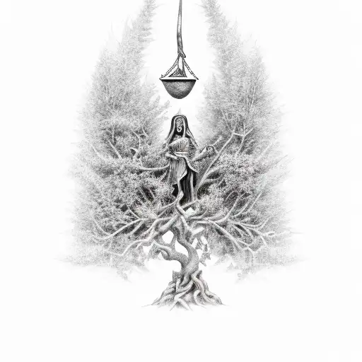 lady justice bonzai tree grim reaper tattoo design idea