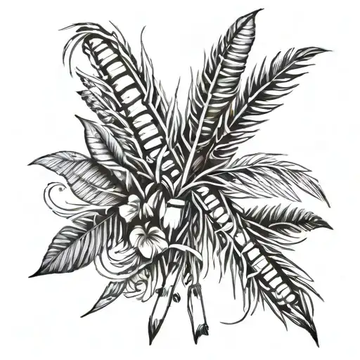 sugar canes and liana surrounding it and a feather + a date tattoo design idea