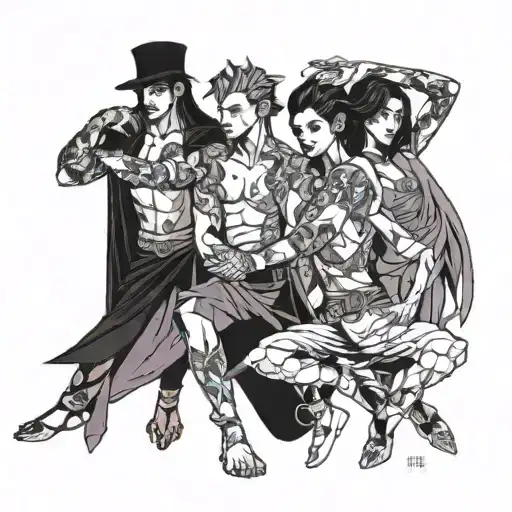 four people in hero poses tattoo design idea