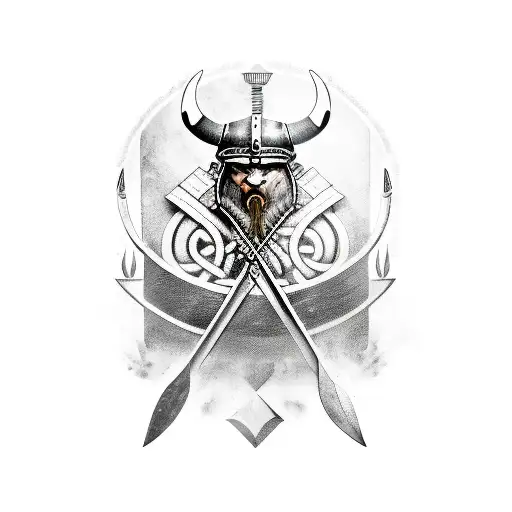 viking with symbols and weapons tattoo design idea
