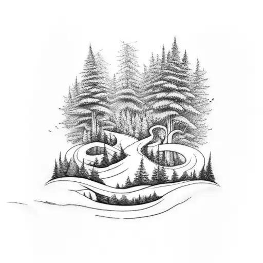 A black-grey tattoo of a forest scene with a winding road leading into the distance tattoo design idea