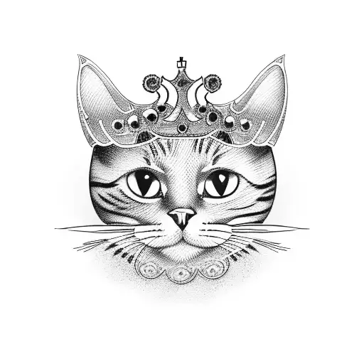 A blackwork tattoo of a cat wearing a crown made of perfume bottles tattoo design idea