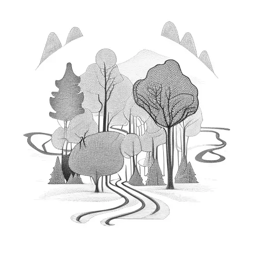 A black-grey tattoo of a forest scene with a winding road leading into the distance tattoo design idea