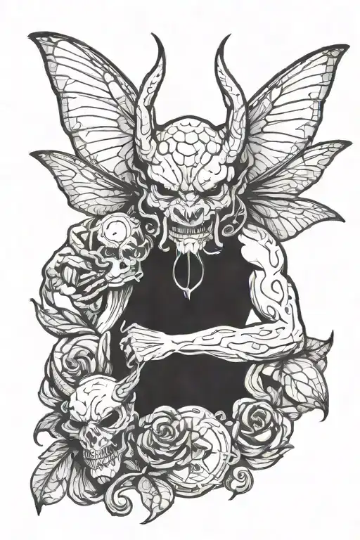 Sleep token 3 headed demon holding a moth tattoo design idea