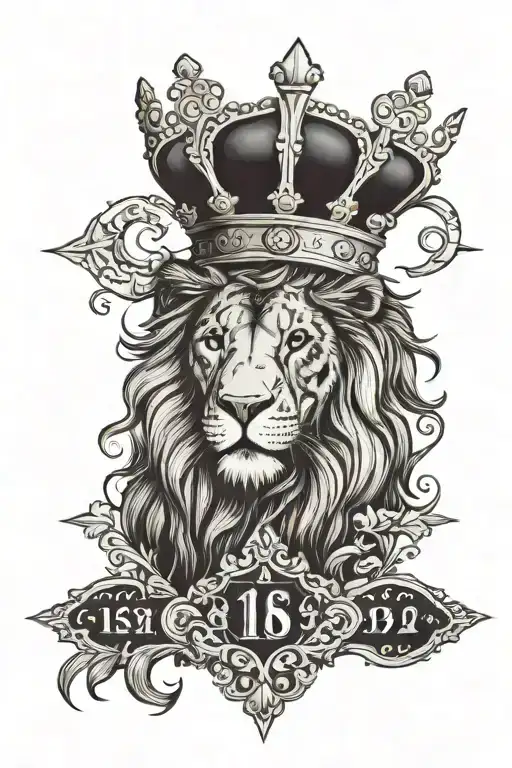 Lion head with crown and cross with the birthdate 1-5-1932 on the bottom  tattoo design idea