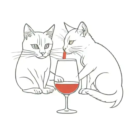 two cats looking trough wine glass sitting behind glas only upper body and fore feet tattoo design idea