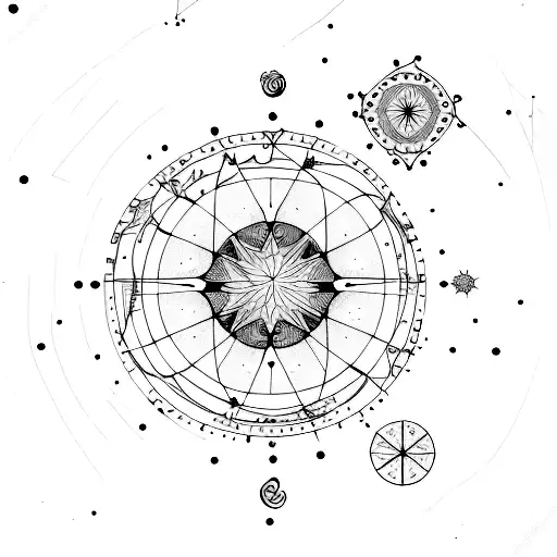 A celestial map of the night sky with constellations representing the three cousins intertwined in a dotwork style tattoo design idea
