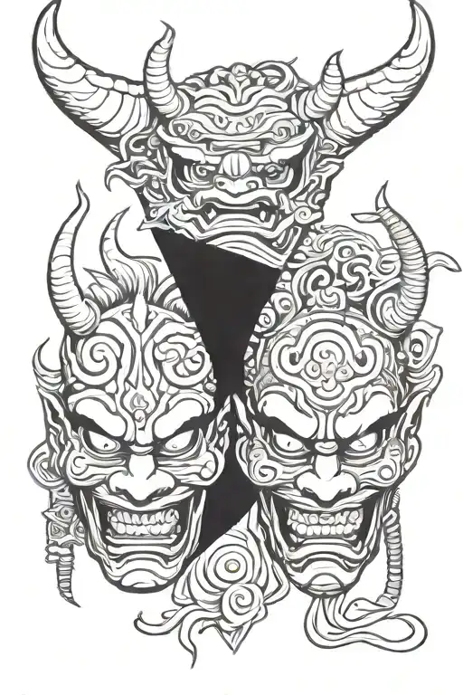 Japanese Oni mask split in half tattoo design idea
