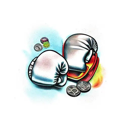 A traditional-style tattoo of boxing gloves and a butcher knife crossed over a pile of money tattoo design idea