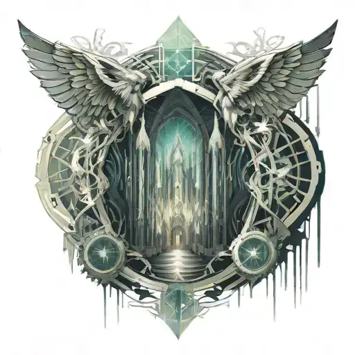 cathedral scene with cherub angels tattoo design idea