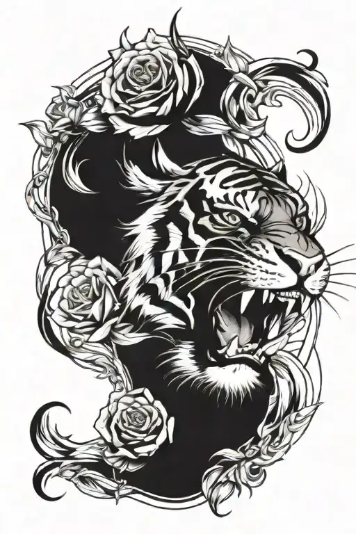 tiger roar roses tattoo design idea