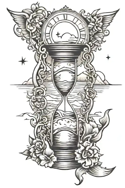 Hour glass, moon, sun, ocean, mountains tattoo design idea