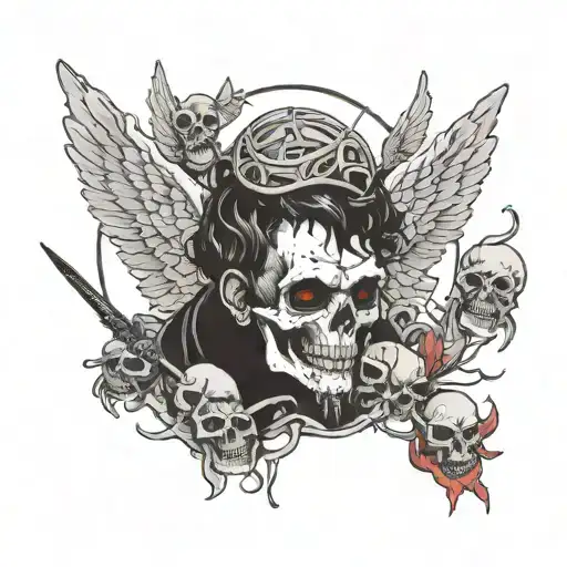 angel with red eyes with small demon skulls surrounded and money around with the words "Child of the trenches " tattoo design idea