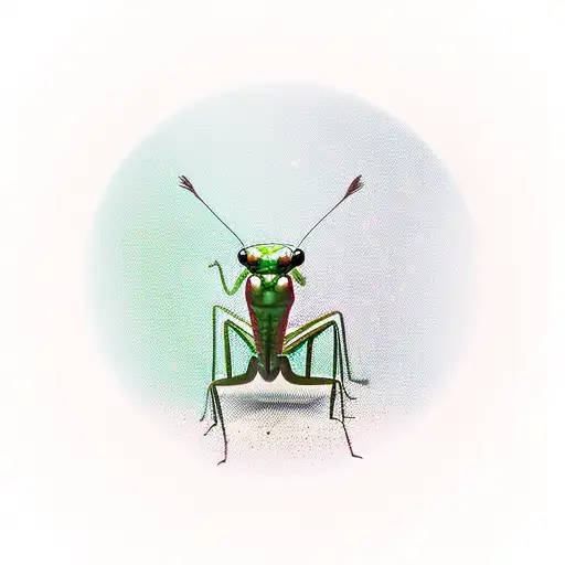 small, cute, chubby praying mantis, a bowl of rice, happy, alone tattoo design idea