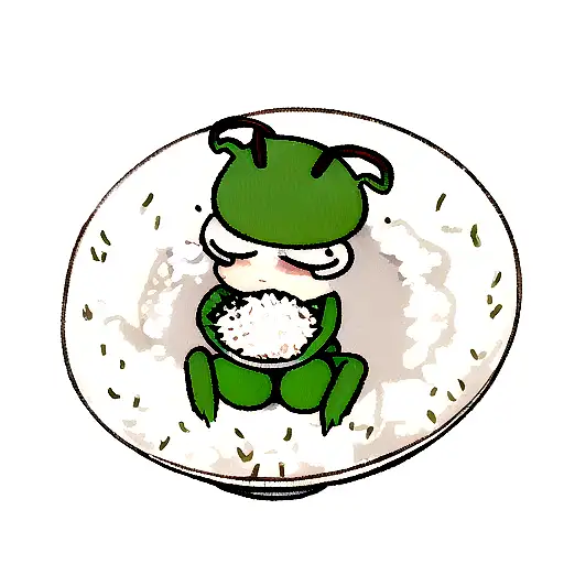 little cute chubby praying mantis with a bowl of rice tattoo design idea