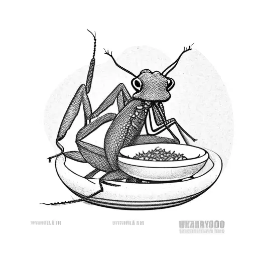 small, cute, chubby praying mantis, a bowl of rice, happy, alone tattoo design idea