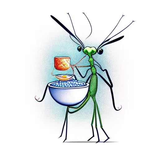 little cute chubby praying mantis with a bowl of rice tattoo design idea
