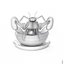 little cute chubby praying mantis with a bowl of rice tattoo design idea