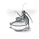 little cute chubby praying mantis with a bowl of rice tattoo design idea