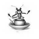 little cute chubby praying mantis with a bowl of rice tattoo design idea