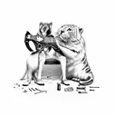A skilled technician repairing a broken guitar while surrounded by a variety of animals tattoo design idea