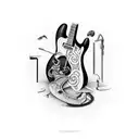 A skilled technician repairing a broken guitar while surrounded by a variety of animals tattoo design idea
