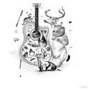 A skilled technician repairing a broken guitar while surrounded by a variety of animals tattoo design idea