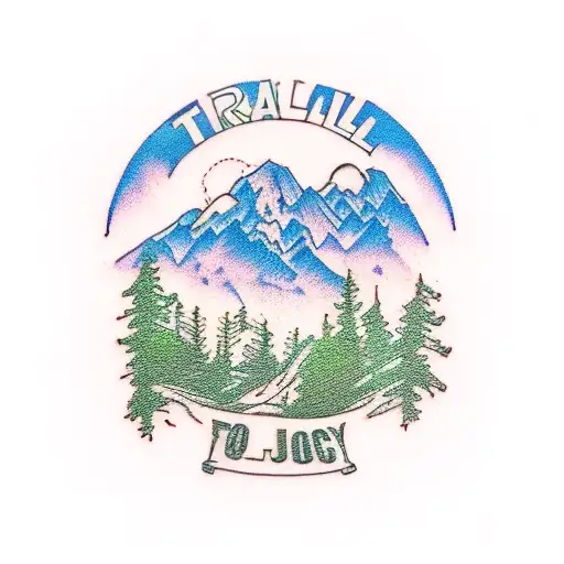trail running shoes with pine trees and mountains tattoo design idea