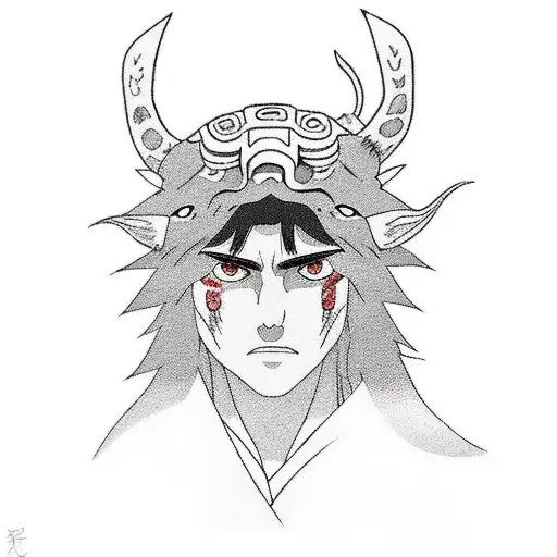 the main character of 'Princess Mononoke,' transformed into an abstract figure. Incorporate elements that capture tattoo design idea