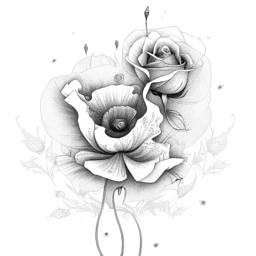 Long Flower line with roses, poppy and a firebird  tattoo design idea