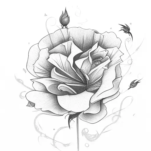 Flower line with roses, poppy and a firebird  tattoo design idea