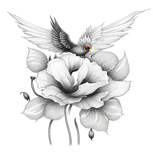 Long Flower line with roses, poppy and a firebird  tattoo design idea