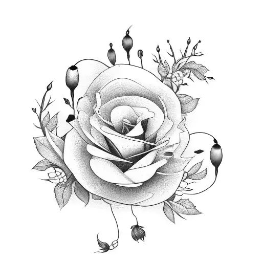 Long Flower line with roses, poppy and a firebird  tattoo design idea