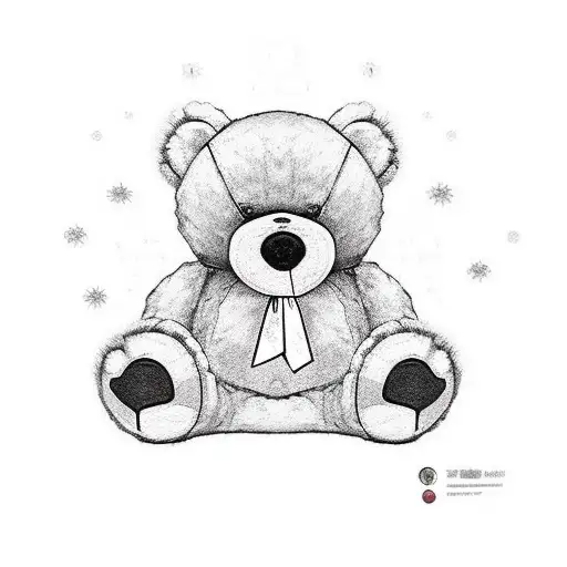 Teddy bear with xs' on his eyes looking at shinny crystal 3rd perspective where crystal and teddy is seen tattoo design idea